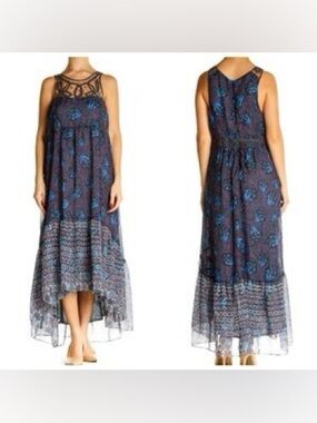 Free People Native Rose Lace Blue Purple Black Floral High-Low Maxi Dress